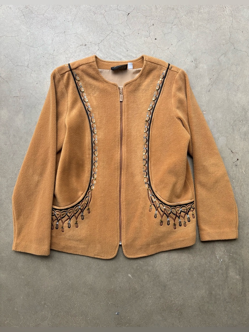 Vintage Bob Mackie Wearable Art Fleece Jacket Medium Camel Brown Y2K Embroidered